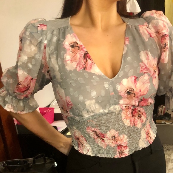 💚5 for $20💚 NEW Express Floral Clip Dot Print Smocked Waist Top - Picture 9 of 10